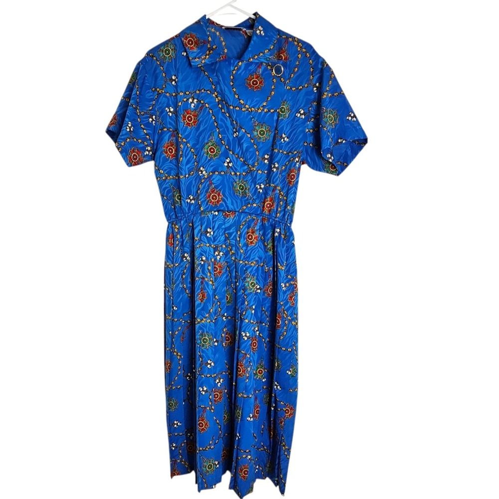 VTG Adrianna Papell Boutique Dress Size 10 Medallion Chain Nautical‎ Print Blue